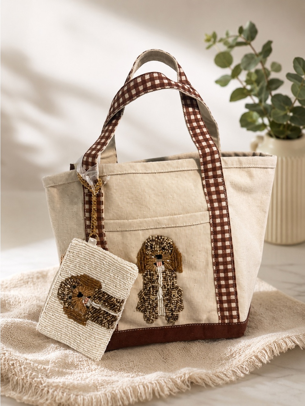 Beaded Cocker-Spaniel Mini Tote with Gingham Straps